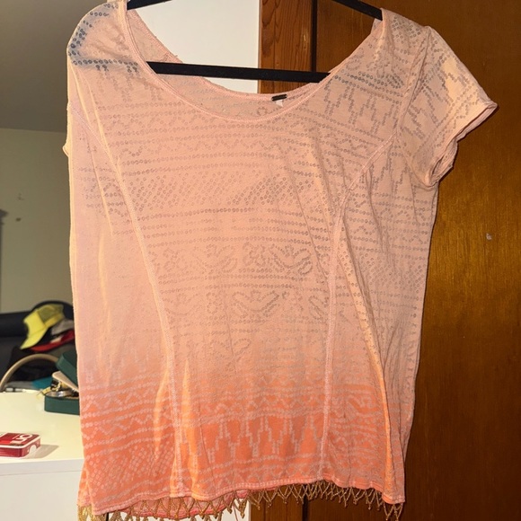 Free People Peach Orange Ombre Burnout Beaded Hem Scoop Neck Top Medium - Picture 2 of 6